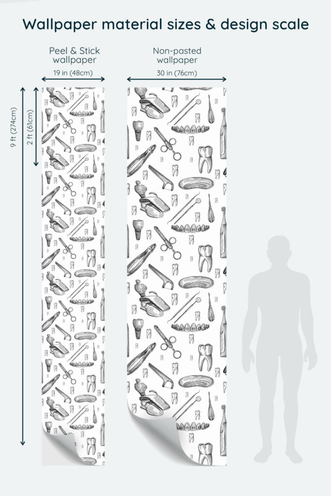 Size comparison of Vintage stomatology Peel & Stick and Non-pasted wallpapers with design scale relative to human figure