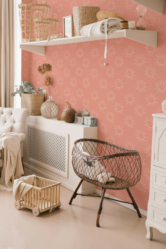 Neutral style nursery decorated with Vintage sun nursery peel and stick wallpaper