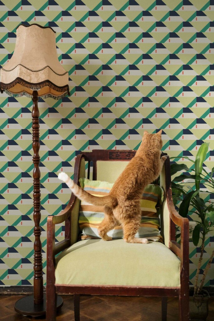Victorian style living room with a cat decorated with Vintage textile inspired peel and stick wallpaper