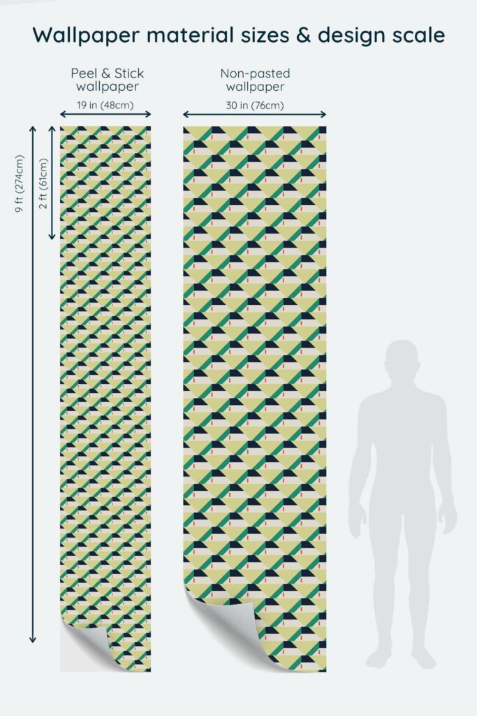 Size comparison of Vintage textile inspired Peel & Stick and Non-pasted wallpapers with design scale relative to human figure
