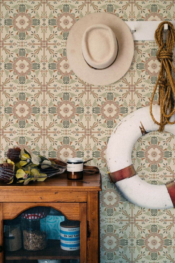 Coastal nautical style living room decorated with Vintage tile peel and stick wallpaper