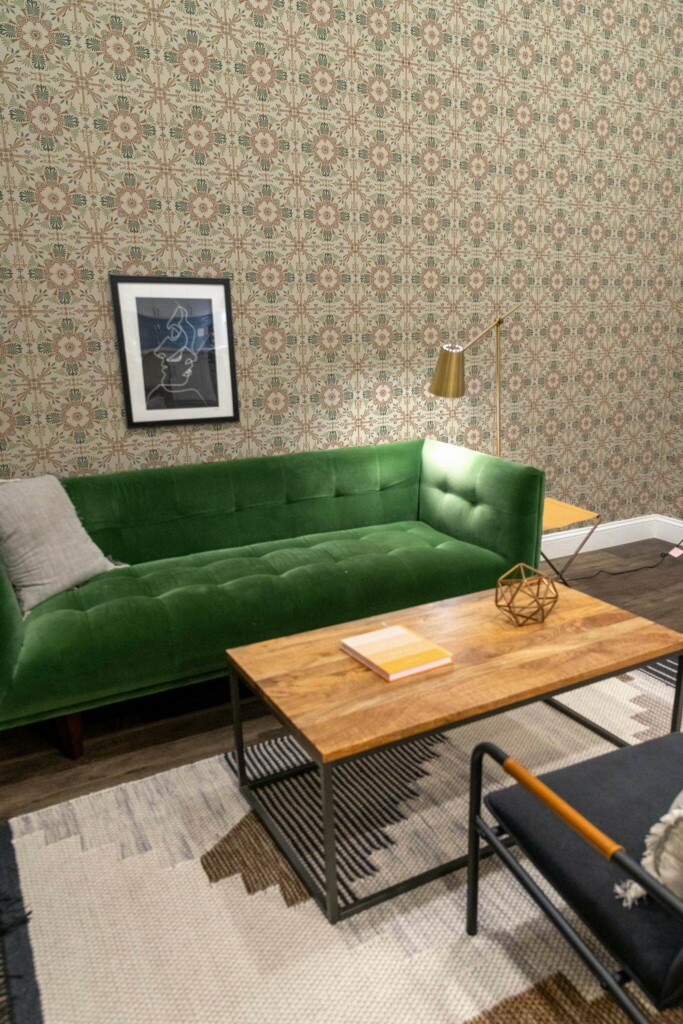 Mid-century modern living room decorated with Vintage tile peel and stick wallpaper and forest green sofa