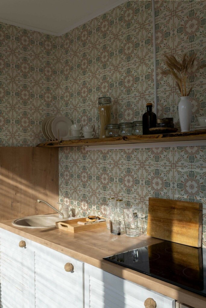Minimal bohemian style kitchen decorated with Vintage tile peel and stick wallpaper