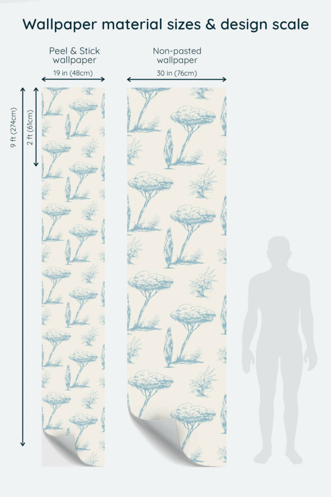 Size comparison of Vintage trees Peel & Stick and Non-pasted wallpapers with design scale relative to human figure