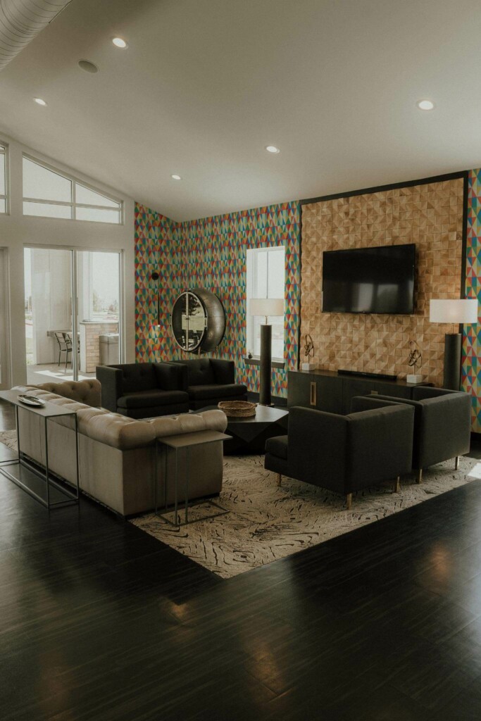 Hollywood glam style living room decorated with Vintage triangles peel and stick wallpaper