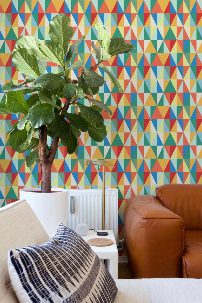 Mid-century style living room decorated with Vintage triangles peel and stick wallpaper