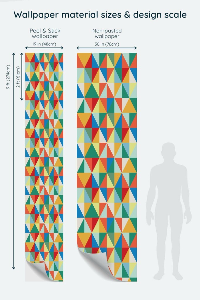 Size comparison of Vintage triangles Peel & Stick and Non-pasted wallpapers with design scale relative to human figure