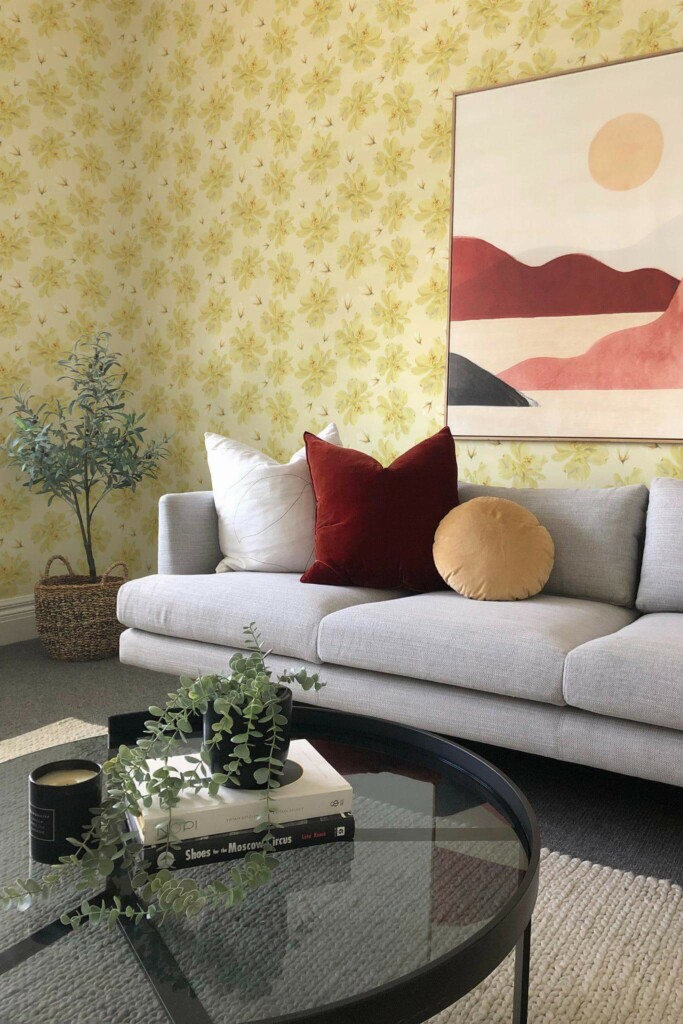 Boho style living room decorated with Vintage yellow dafodils peel and stick wallpaper