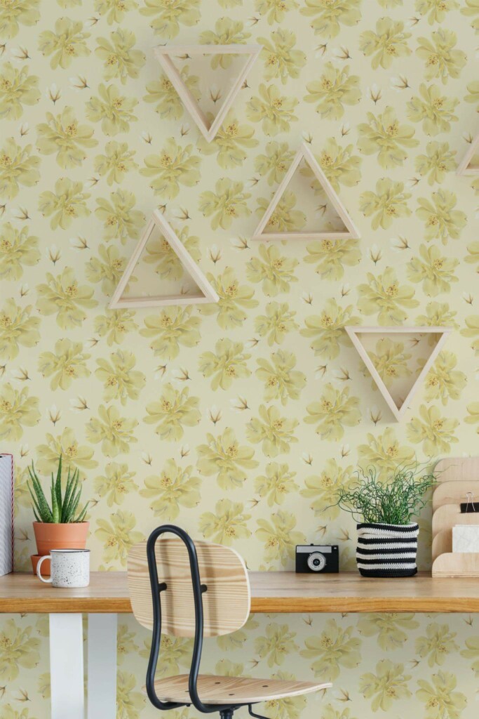 Scandinavian style home office decorated with Vintage yellow dafodils peel and stick wallpaper