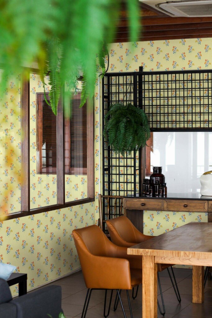 Mid-century modern style dining room decorated with Vintage yellow floral peel and stick wallpaper and black industrial accents