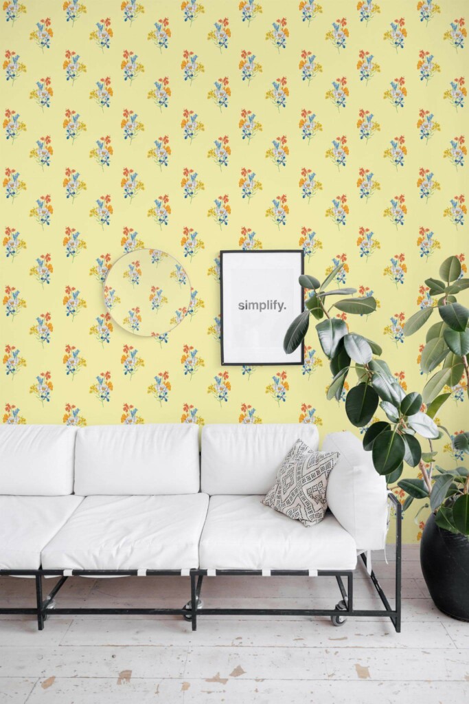 Minimal industrial style living room decorated with Vintage yellow floral peel and stick wallpaper