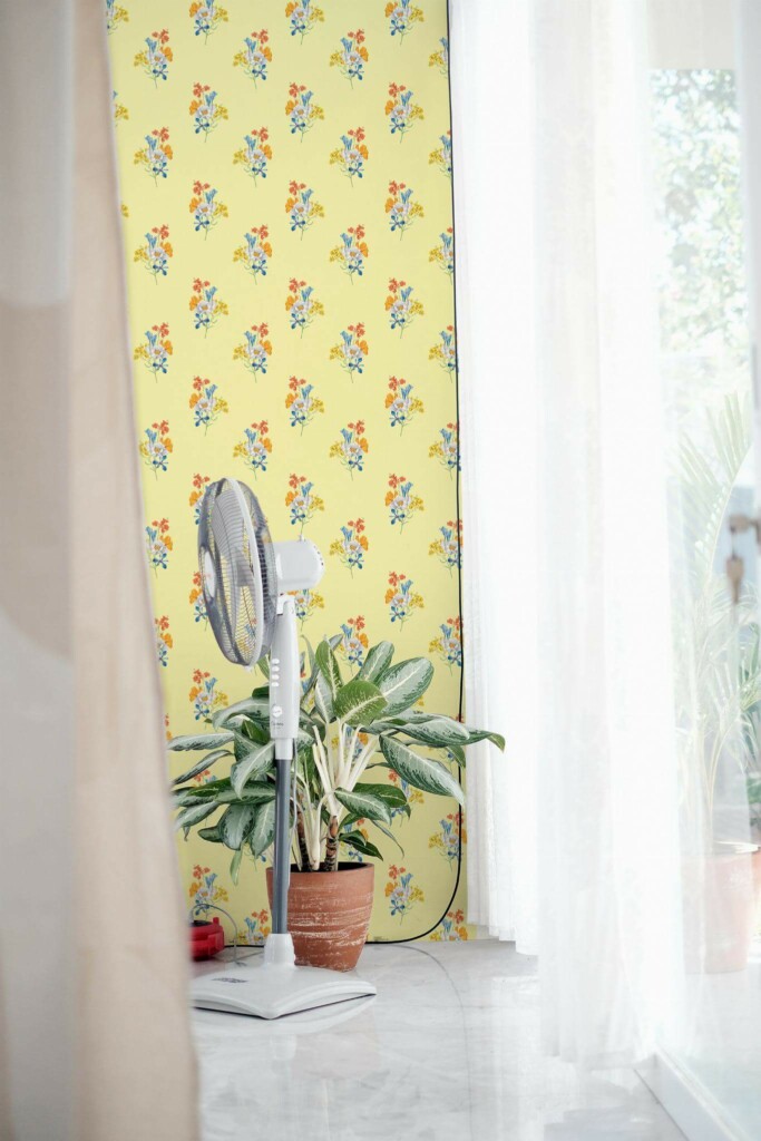 Minimal style living room decorated with Vintage yellow floral peel and stick wallpaper