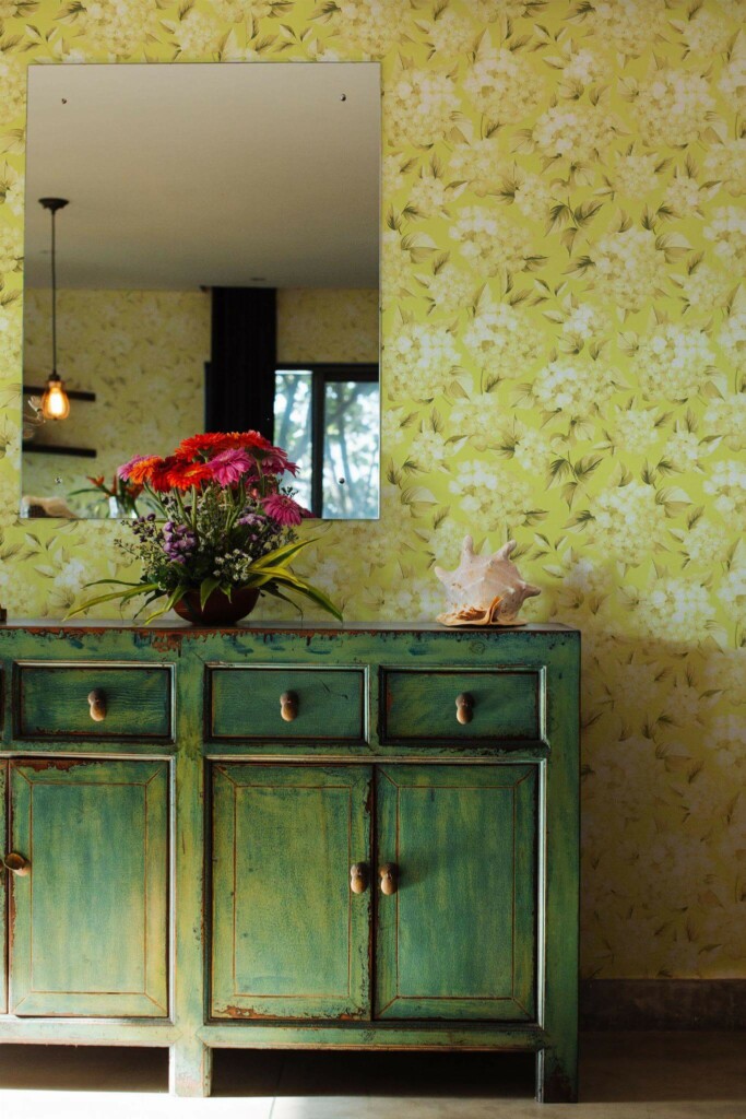 Industrial style living room decorated with Vintage yellow hydrangeas peel and stick wallpaper