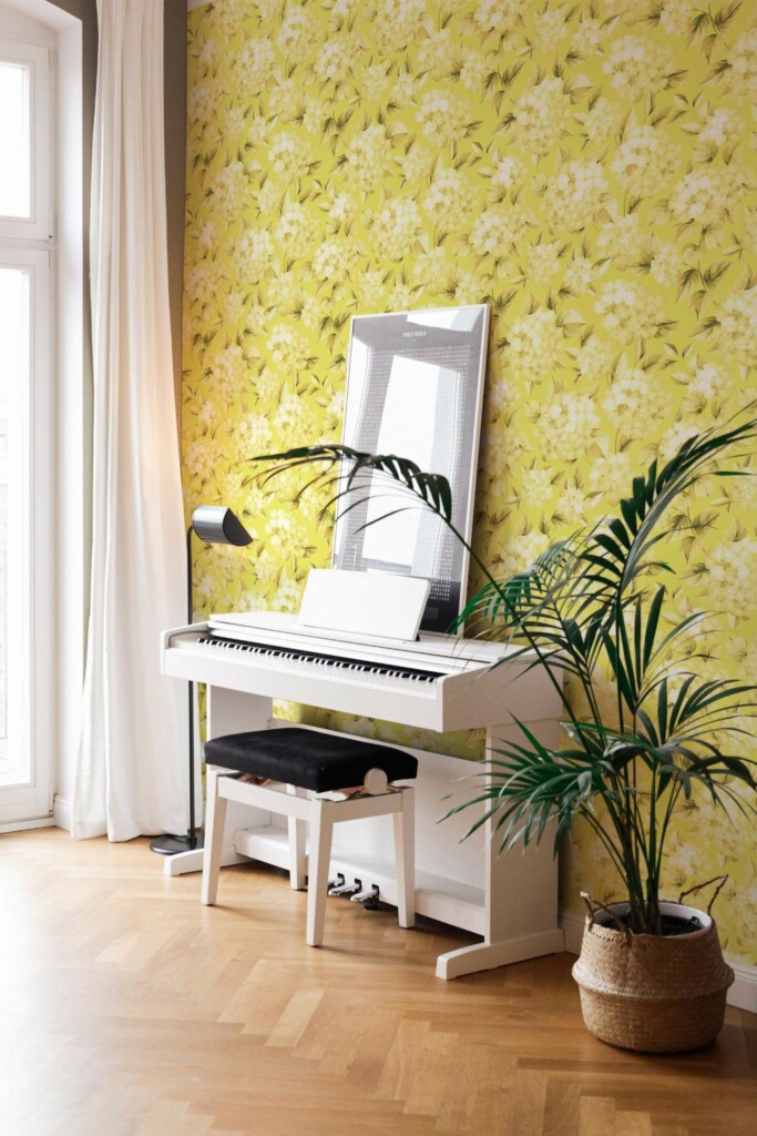 Modern style living room with a piano decorated with Vintage yellow hydrangeas peel and stick wallpaper