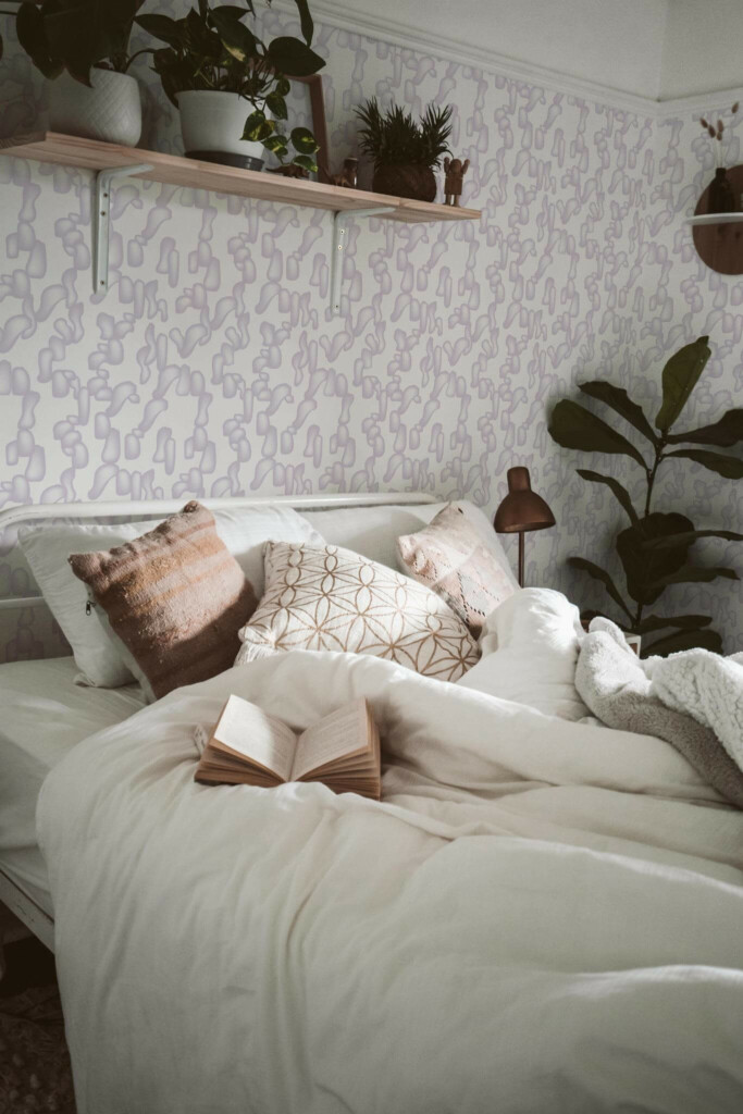 Boho style bedroom decorated with Violet abstract shapes peel and stick wallpaper