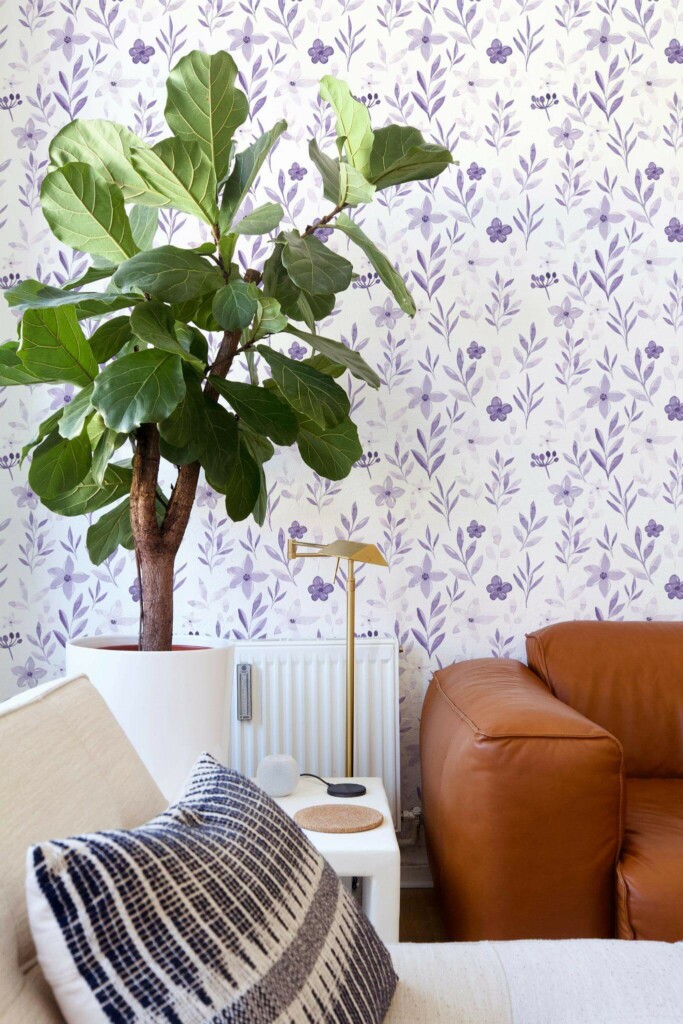 Mid-century style living room decorated with Violet botanical peel and stick wallpaper