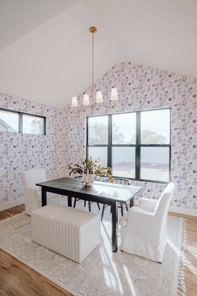 Elegant minimal style dining room decorated with Violet botanical peel and stick wallpaper
