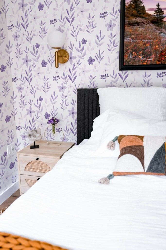 Modern style bedroom decorated with Violet botanical peel and stick wallpaper