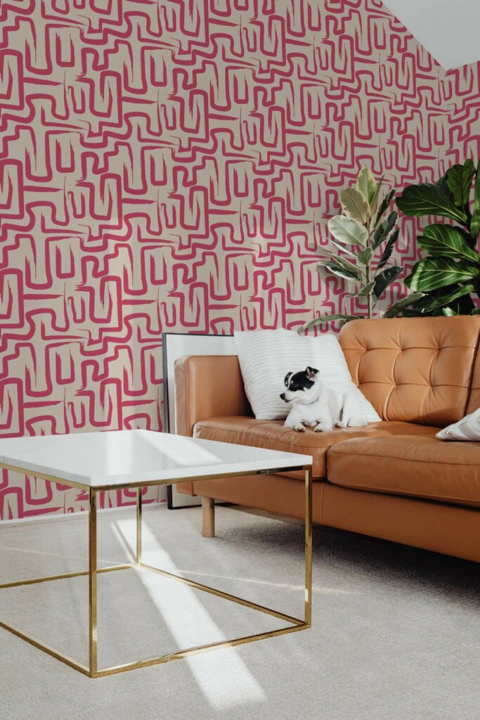 Mid-century modern style living room with dog on a sofa decorated with Viva magenta brush stroke peel and stick wallpaper