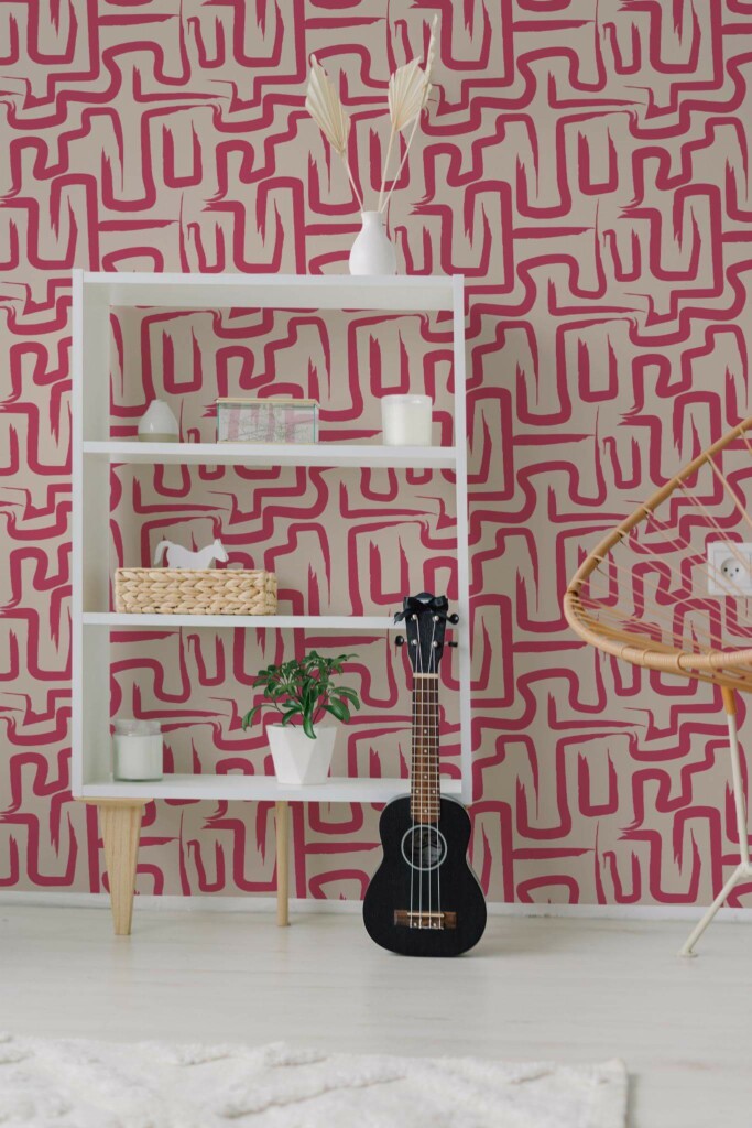 Minimal boho style living room decorated with Viva magenta brush stroke peel and stick wallpaper
