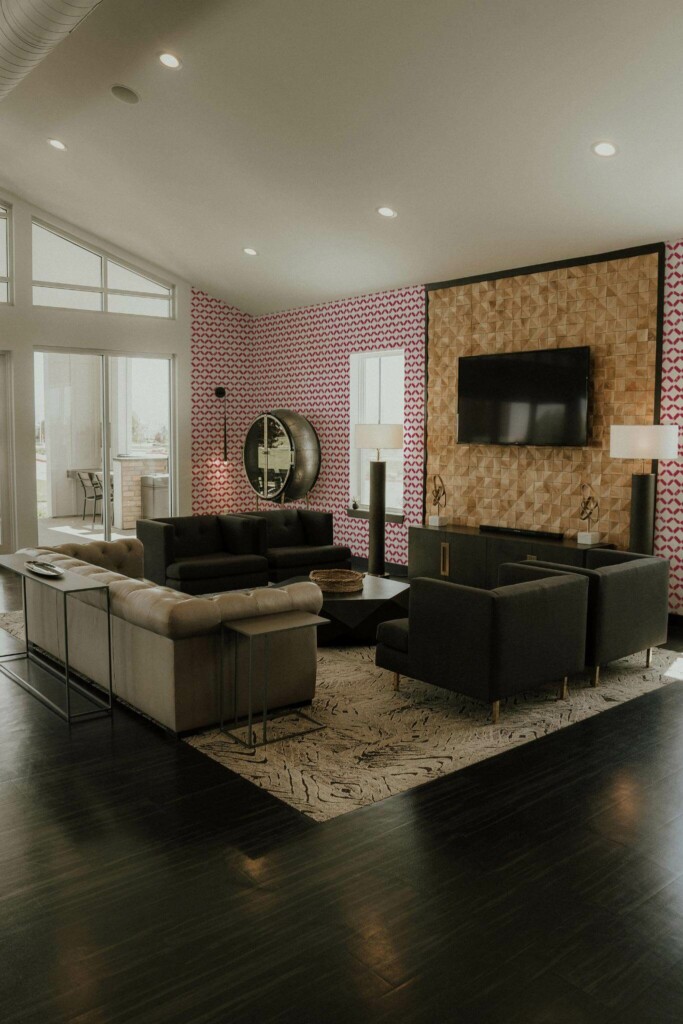 Hollywood glam style living room decorated with Viva magenta brushstroke peel and stick wallpaper
