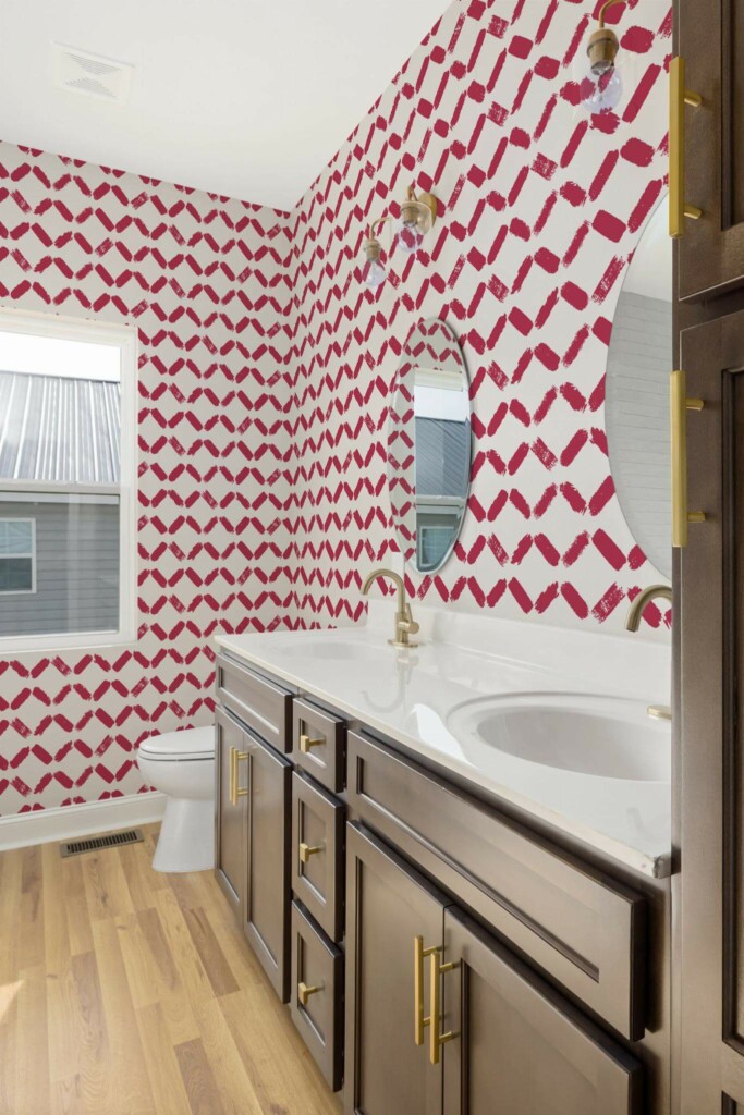 Modern rustic style powder room decorated with Viva magenta brushstroke peel and stick wallpaper