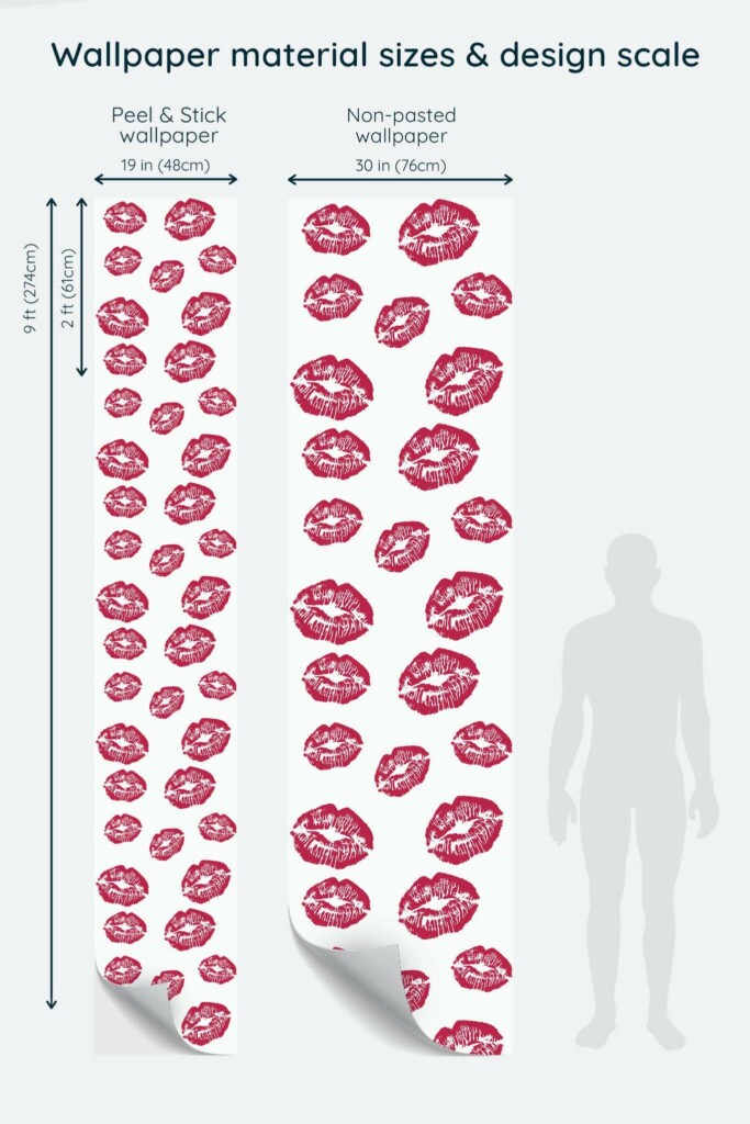 Size comparison of Viva magenta girly lips Peel & Stick and Non-pasted wallpapers with design scale relative to human figure