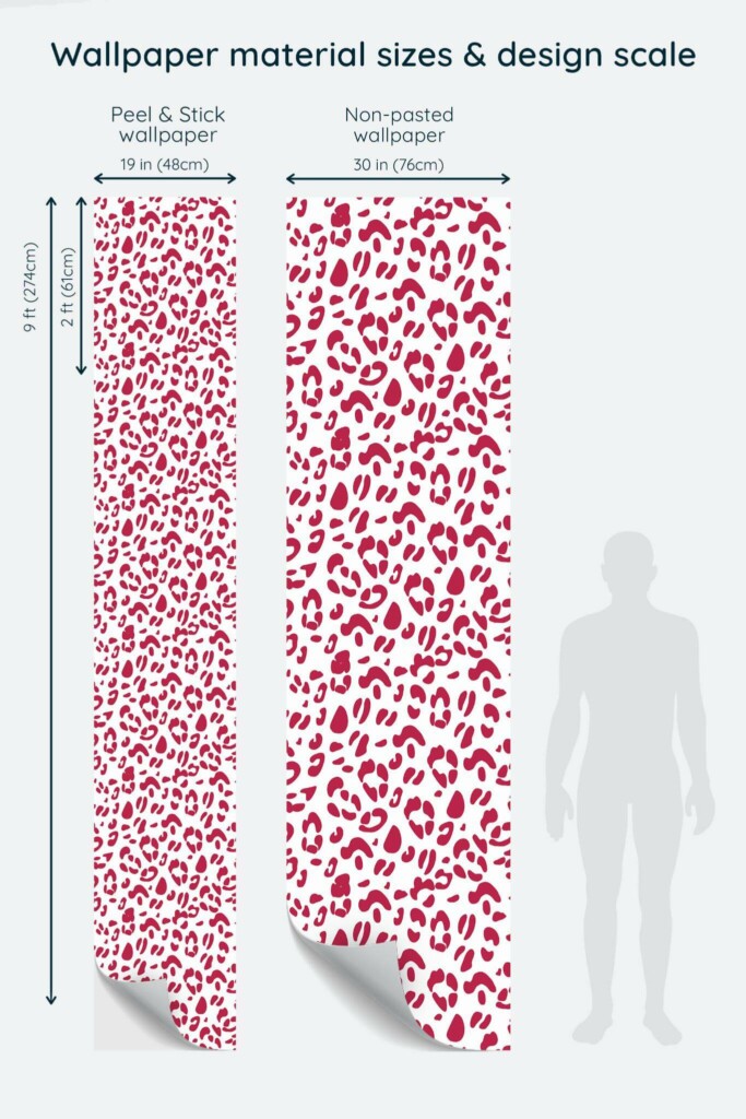 Size comparison of Viva magenta leopard print Peel & Stick and Non-pasted wallpapers with design scale relative to human figure