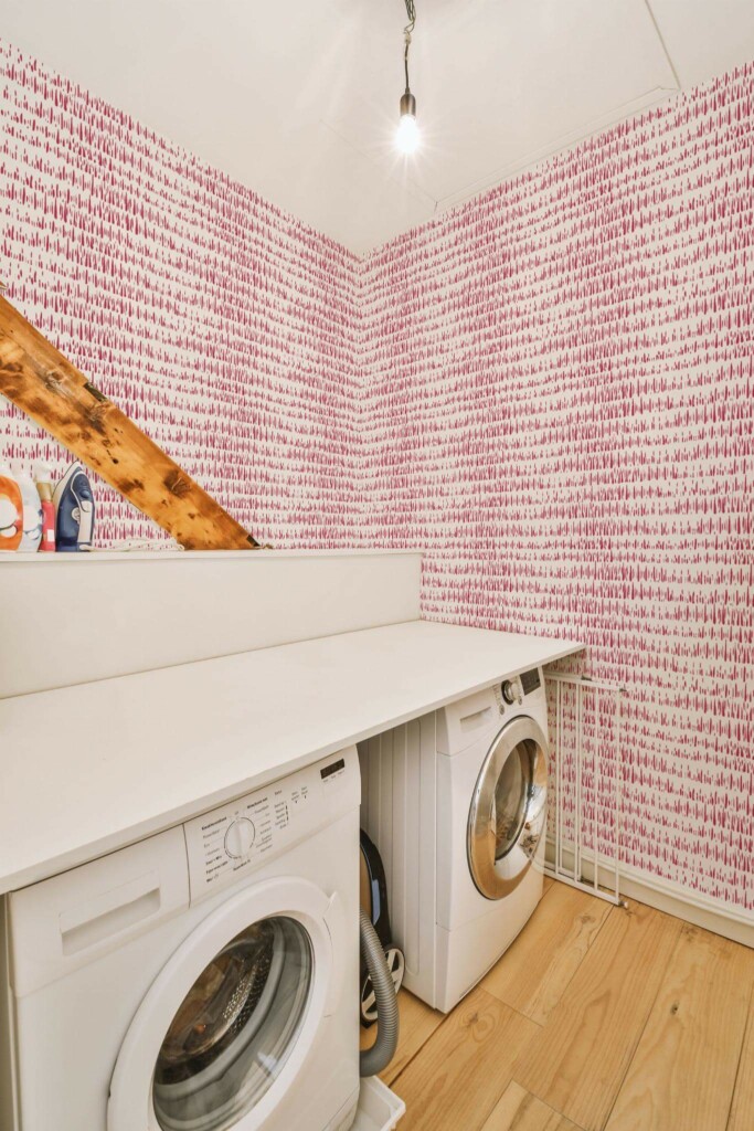 Minimal scandinavian style laundry room decorated with Viva magenta montezuma peel and stick wallpaper