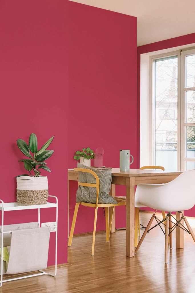 Minimal scandinavian style dining room decorated with Viva Magenta peel and stick wallpaper