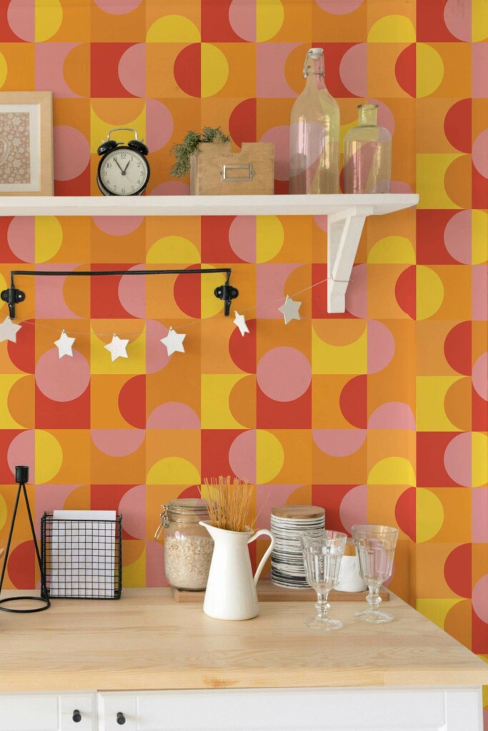 Light farmhouse style kitchen decorated with Vivid geometric peel and stick wallpaper