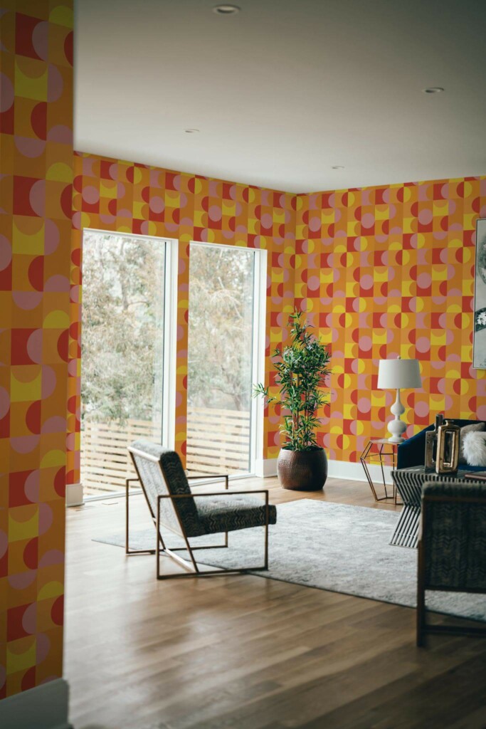 Modern style living room decorated with Vivid geometric peel and stick wallpaper