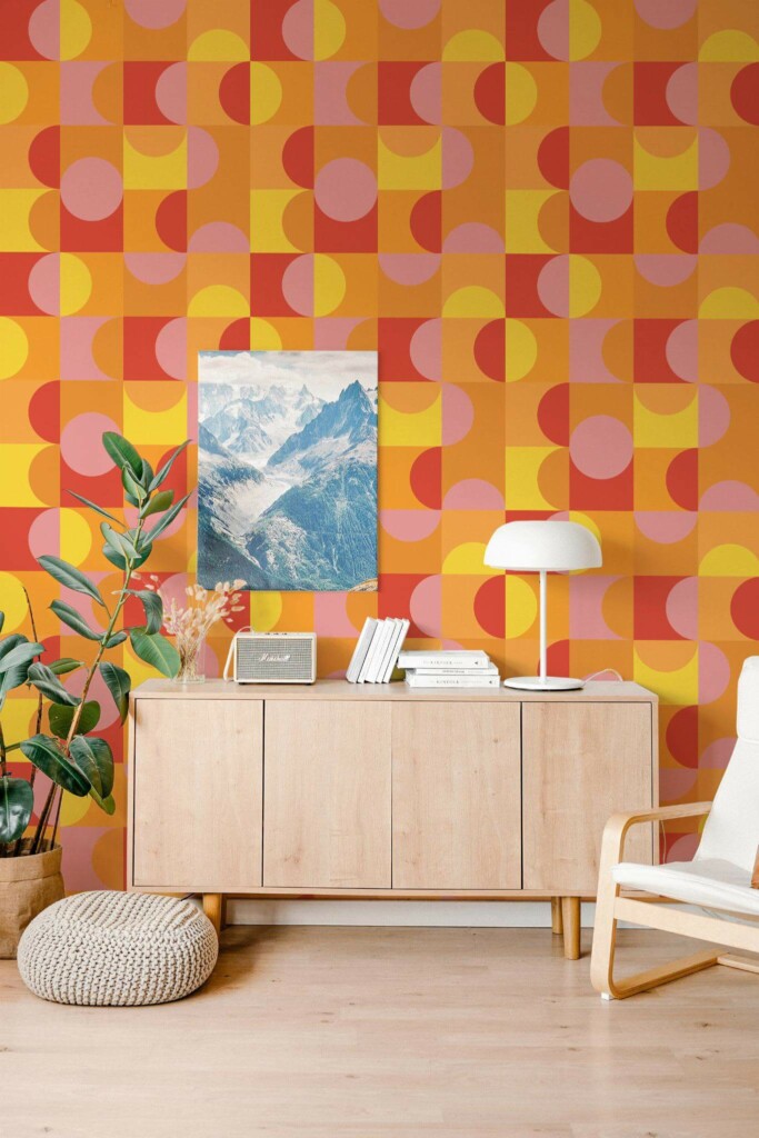 Scandinavian style living room decorated with Vivid geometric peel and stick wallpaper