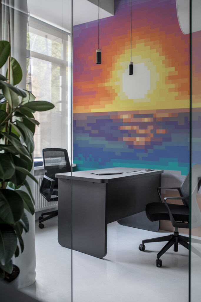 Colorful Fancy Walls novelty pixel sunset design with warm orange tones and beach horizon wall paper mural