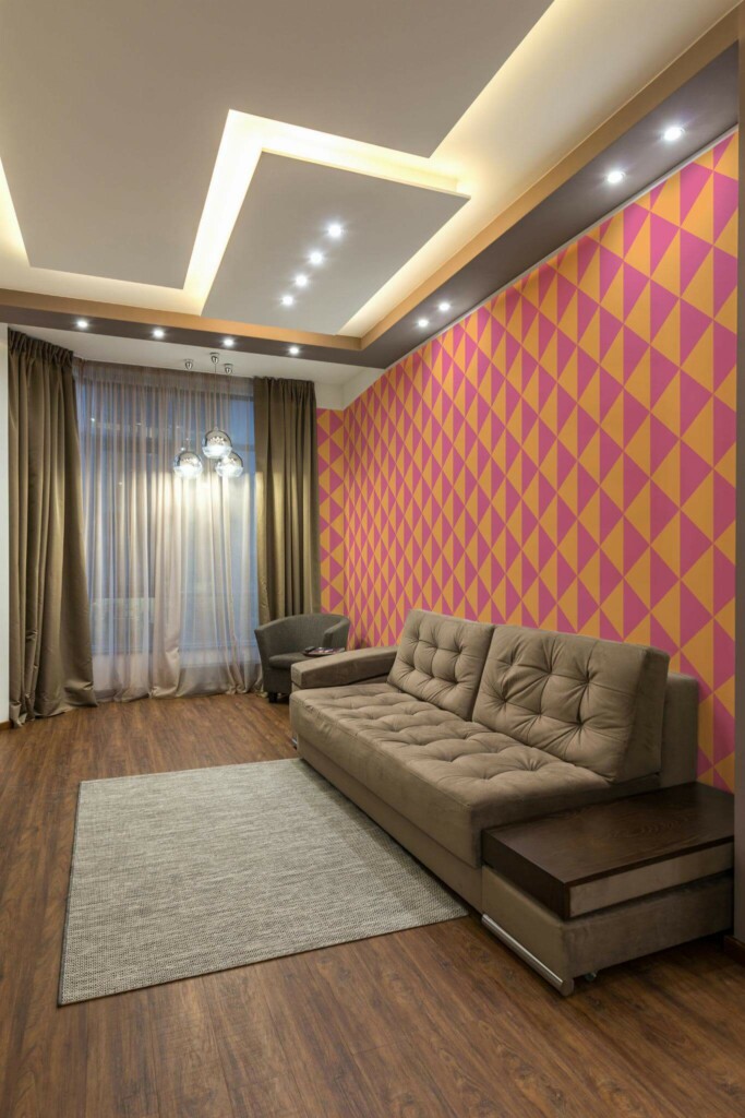 Modern Eastern European style living room decorated with Vivid triangles peel and stick wallpaper