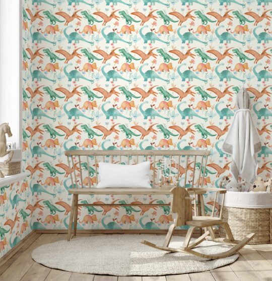 Colorful Dinosaur Delight self-adhesive wallpaper from Fancy Walls