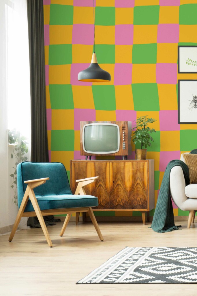 Wall paper mural featuring colorful groovy checker pattern by Fancy Walls