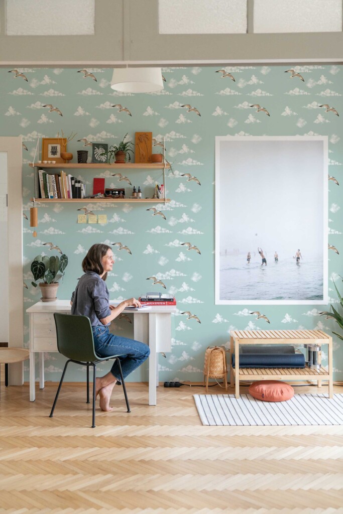 Peel and stick wallpaper with calming blue birds by Fancy Walls