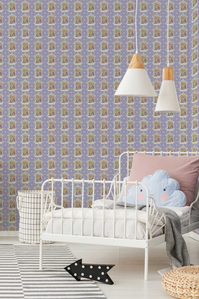 Peel and stick wallpaper with whimsical Alice and frog design in purple by Fancy Walls
