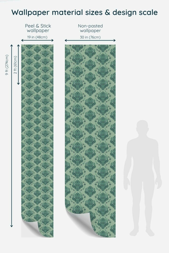 Traditional wallpaper with Fancy Walls Sage Damask pattern