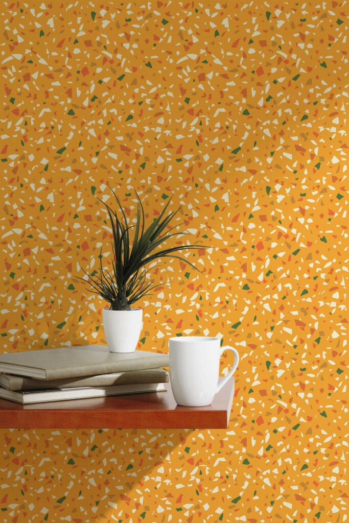 Scandinavian style accent wall decorated with Warm orange terrazzo peel and stick wallpaper