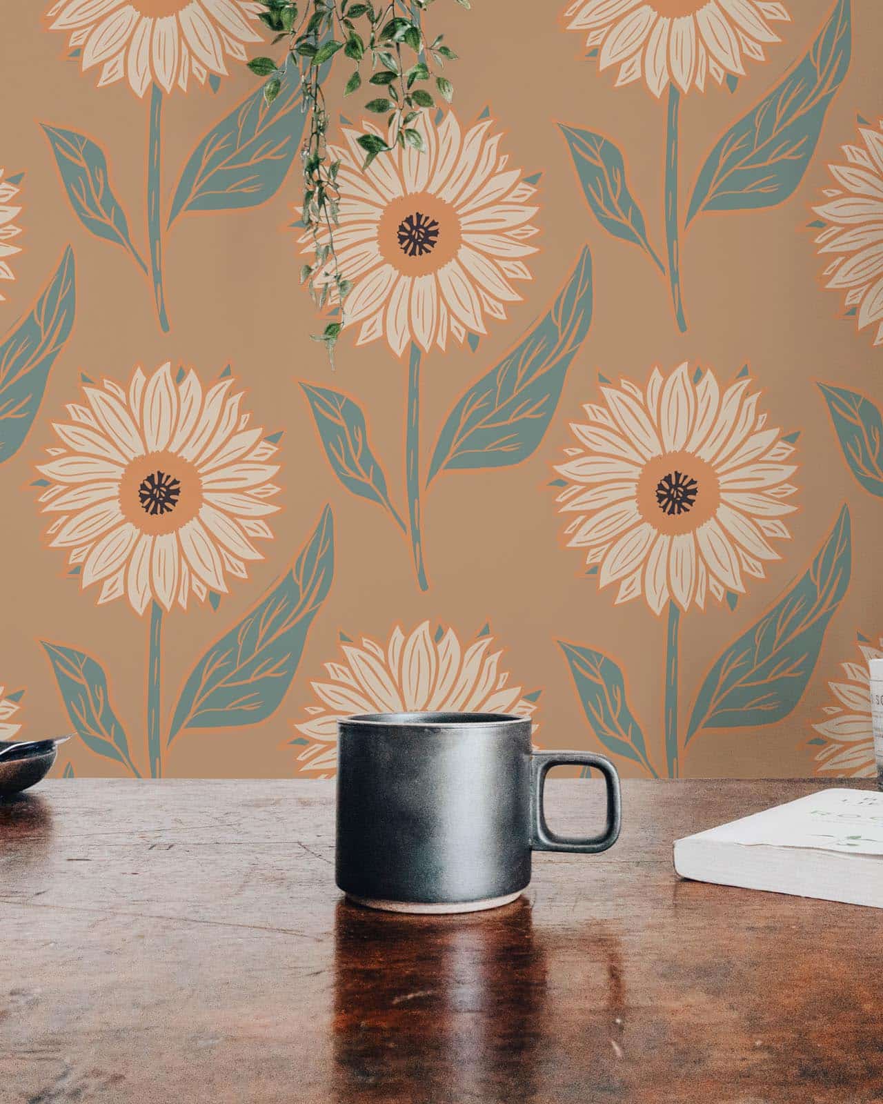 Warm sunflower floral pattern wallpaper - Peel and Stick Removable