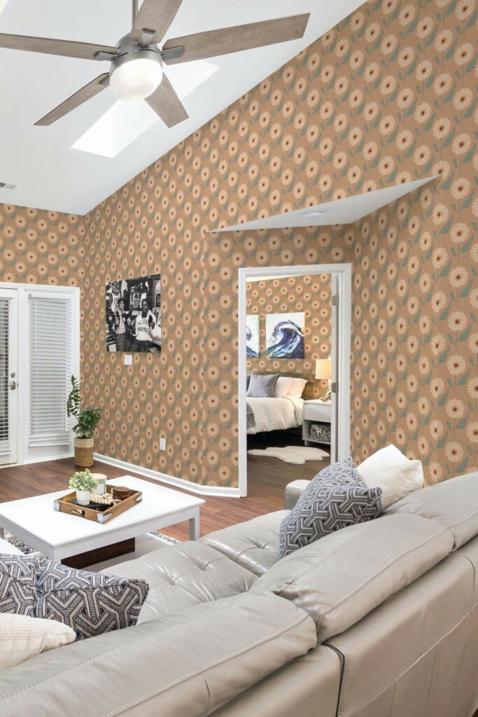 Coastal scandinavian style living room and bedroom decorated with Warm sunflower peel and stick wallpaper