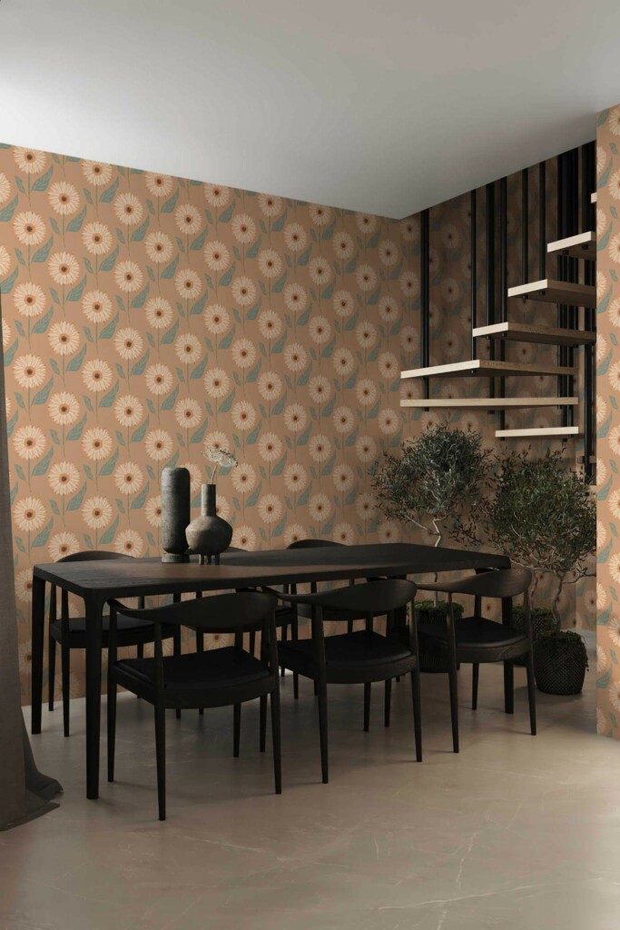 Modern industrial style dining room decorated with Warm sunflower peel and stick wallpaper