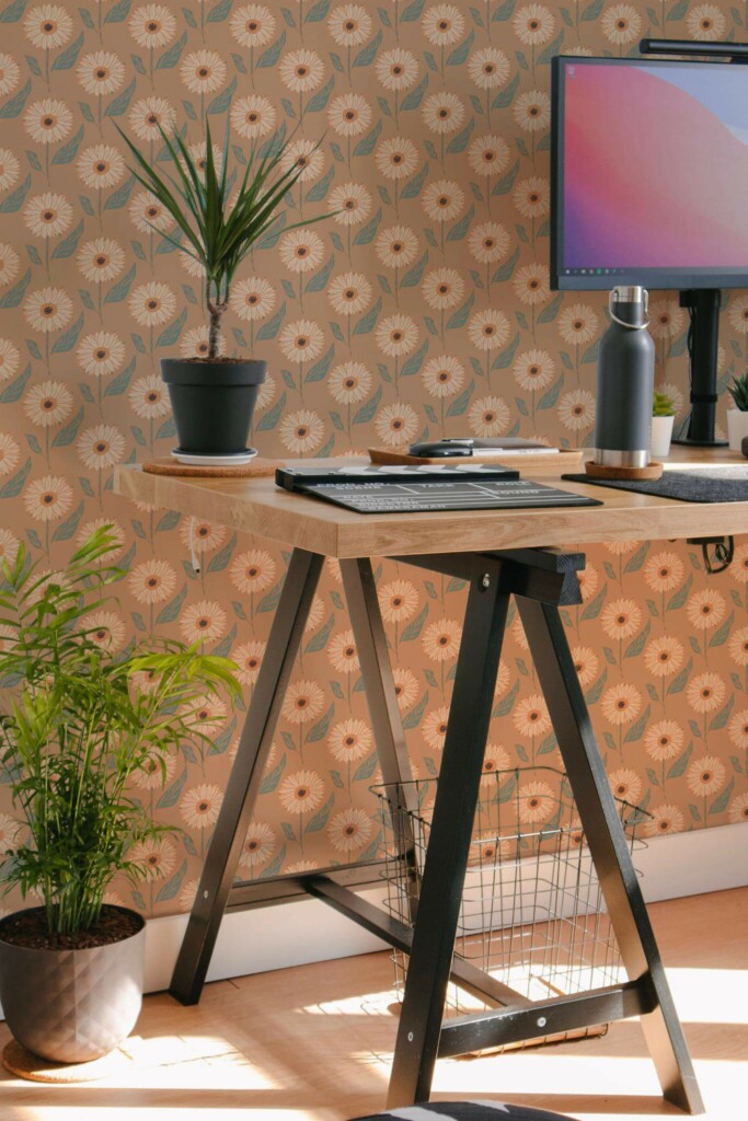 Scandinavian style home office decorated with Warm sunflower peel and stick wallpaper