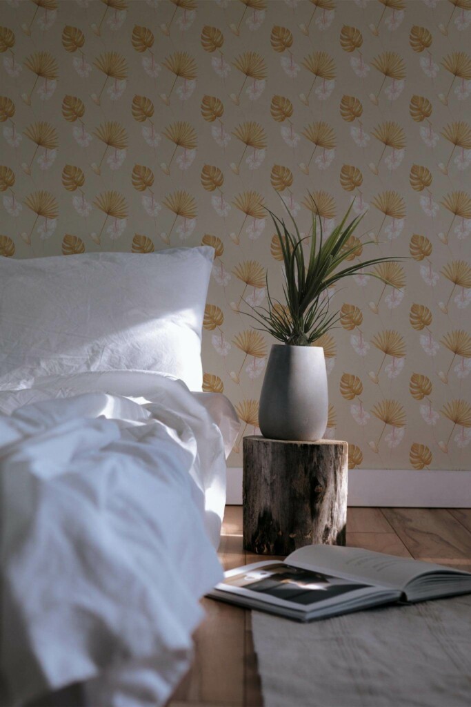 Minimal scandinavian style bedroom decorated with Warm tropical leaf peel and stick wallpaper