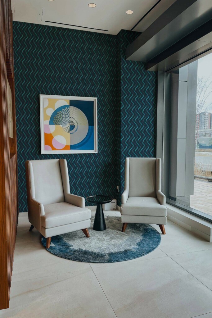 Mid-century-modern style living room decorated with Water illusion peel and stick wallpaper