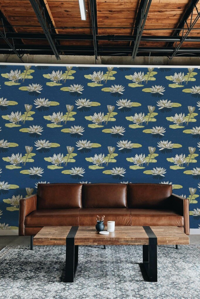 Industrial rustic style living room decorated with Water lilies peel and stick wallpaper