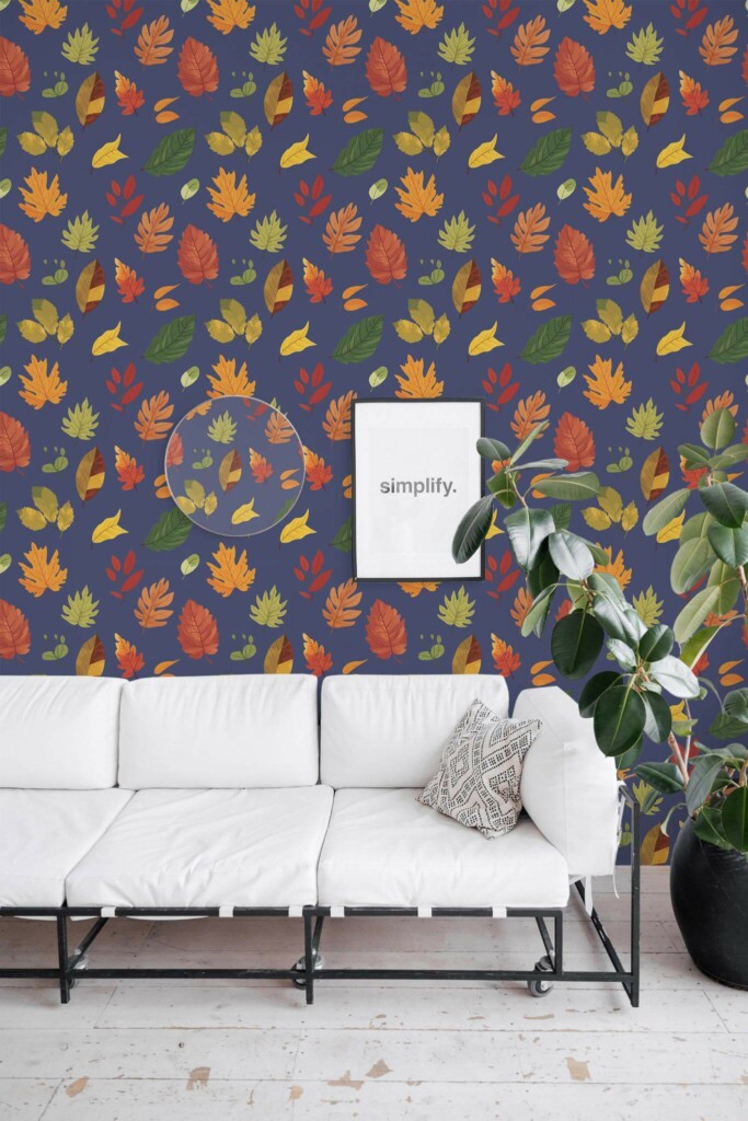 Minimal industrial style living room decorated with Watercolor autumn leaves peel and stick wallpaper
