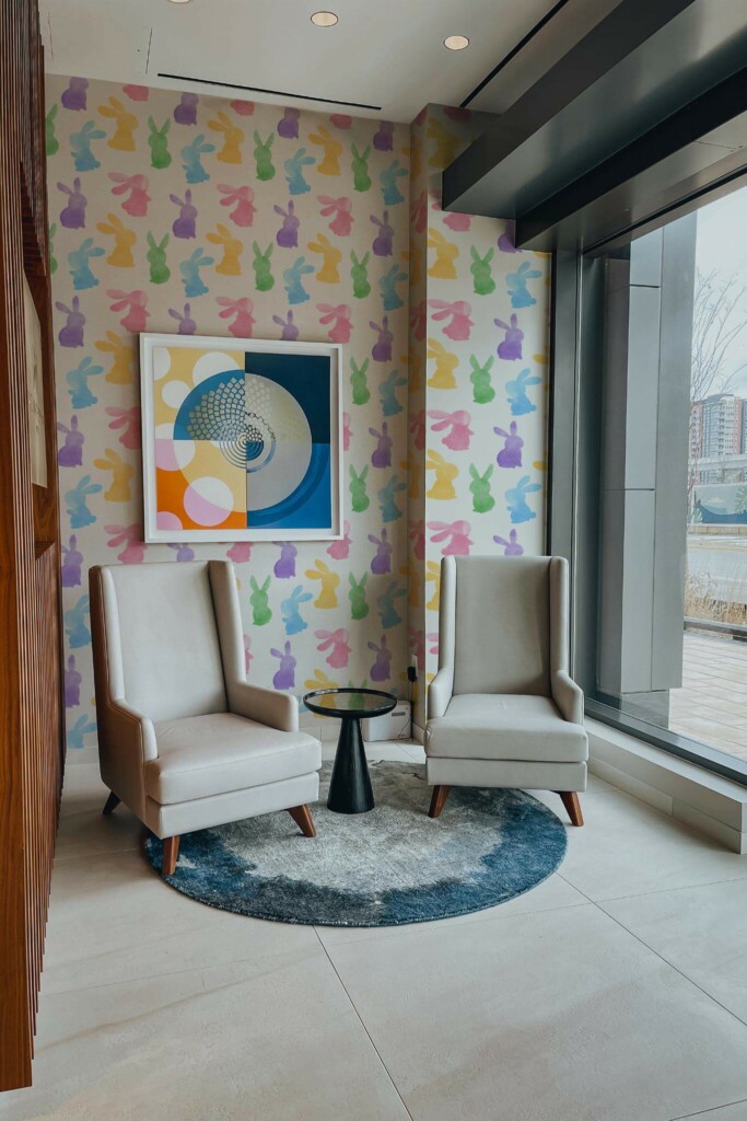 Mid-century-modern style living room decorated with Watercolor bunny peel and stick wallpaper